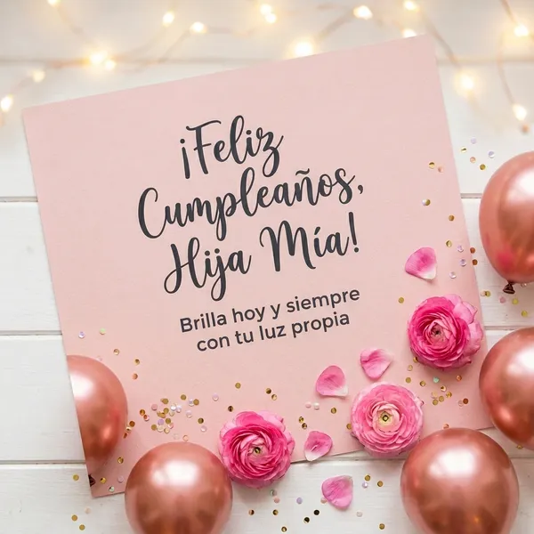 Tarjeta de feliz cumpleaños para mi hija con globos rosa dorado y flores