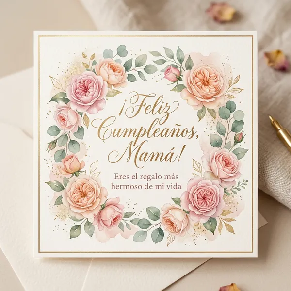 Tarjeta floral de cumpleaños para mamá con rosas y dedicatoria