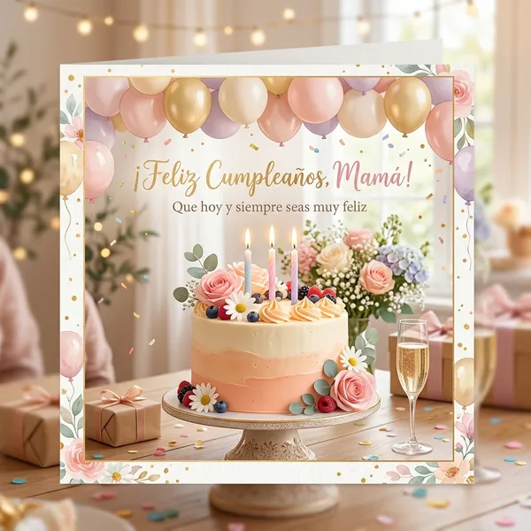 Tarjeta de feliz cumpleaños para mi querida mamá con tarta y velas