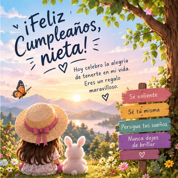 Dedicatoria de cumpleaños para mi nieta de sus abuelos con conejito en campo de flores