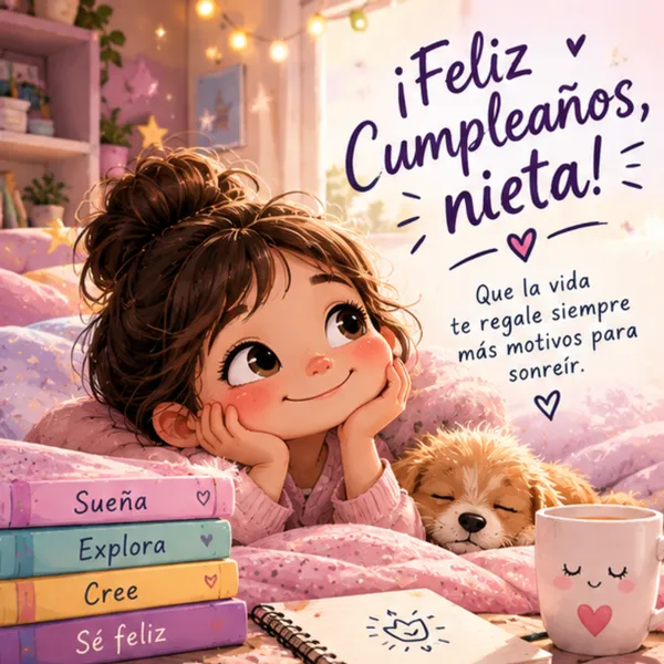 Tarjeta tierna de feliz cumpleaños para mi nieta querida con perrito y libros