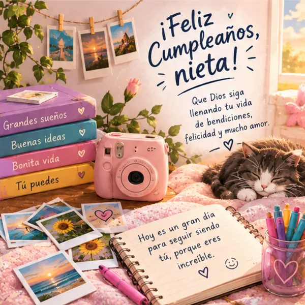 Carta de cumpleaños para mi nieta con fotos polaroid y recuerdos tiernos