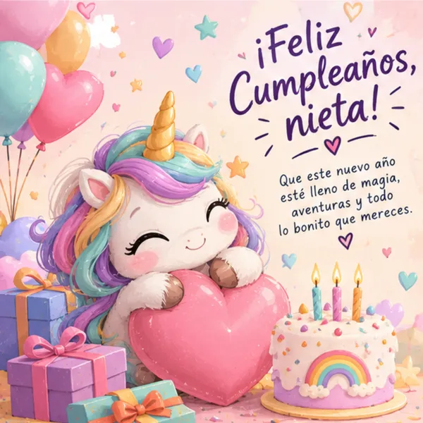 Tarjeta de cumpleaños mágica para mi nieta pequeña con unicornio y pastel