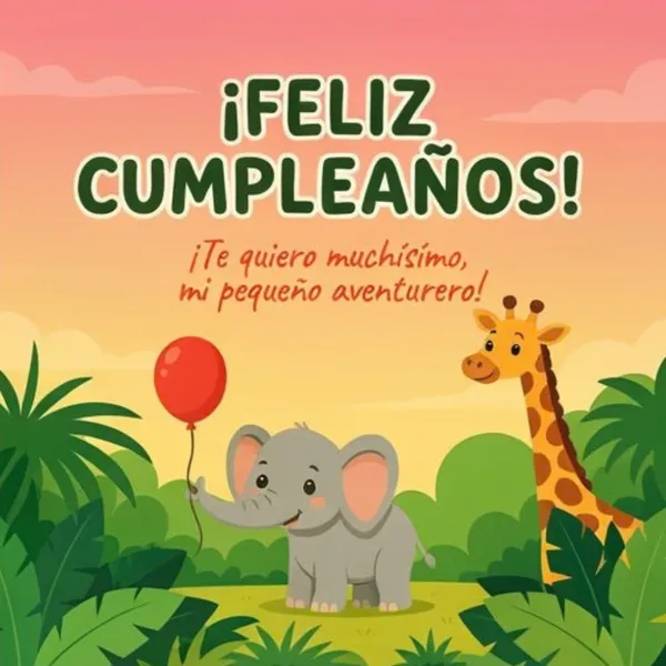 Dedicatoria de cumpleaños para mi nieto pequeño aventurero con animales y globos