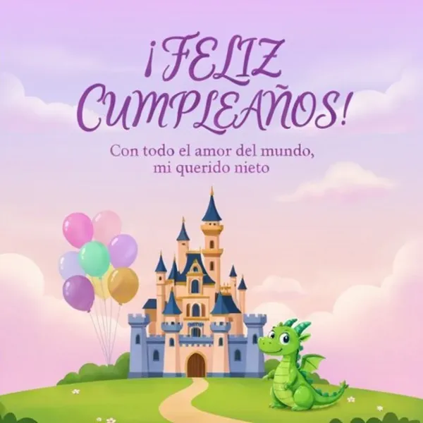 Tarjeta de feliz cumpleaños para mi nieto con castillo mágico y dragón de fantasía