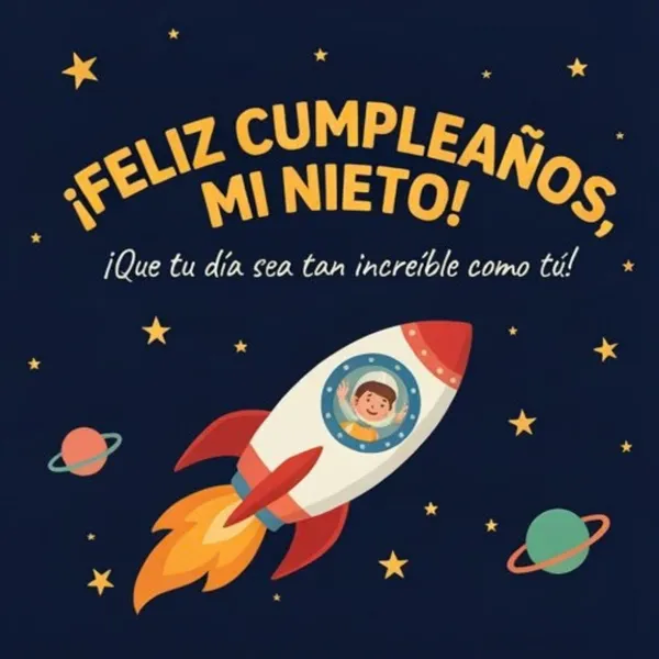 Felicitación espacial de cumpleaños para mi nieto con cohete y astronauta