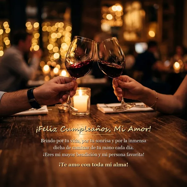 Tarjeta romántica de cumpleaños para mi novio con copas y brindis