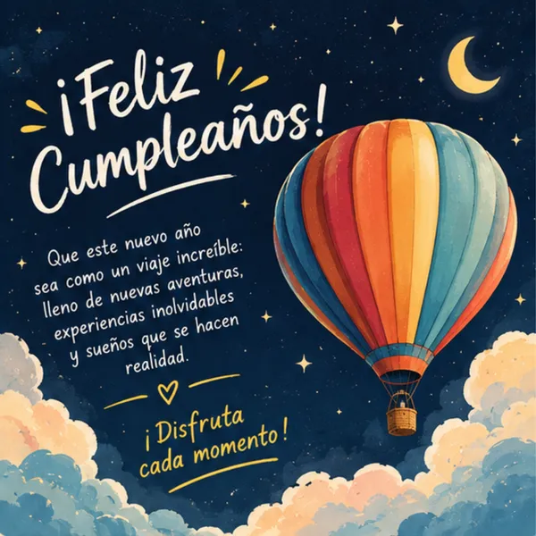 Carta de cumpleaños original y creativa con globo aerostático nocturno