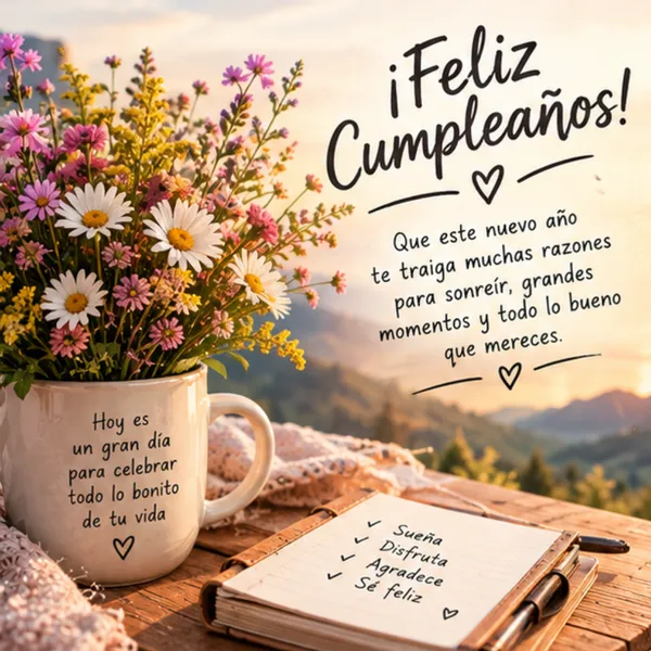 Dedicatoria original de cumpleaños llena de inspiración con taza de flores