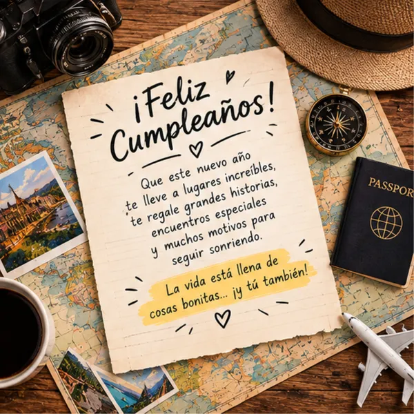 Tarjeta de feliz cumpleaños para una persona aventurera con pasaporte y cámara