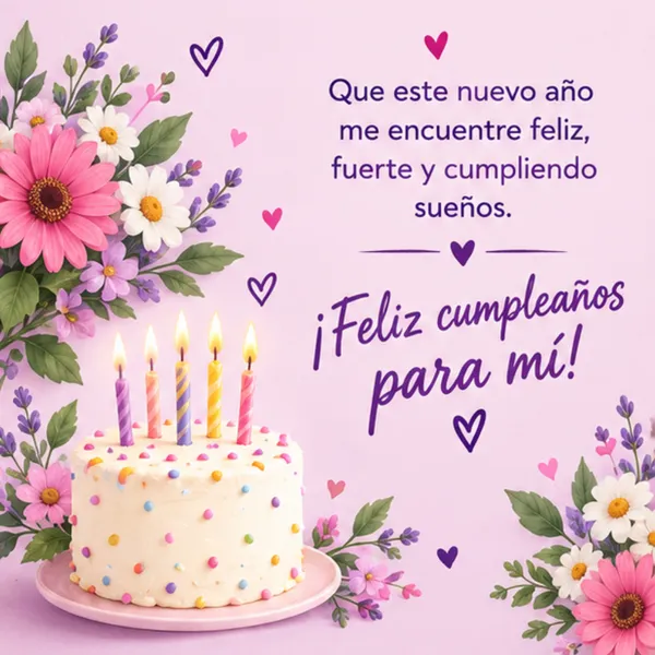 Tarjeta de auto-felicitación de cumpleaños con tarta y flores primaverales