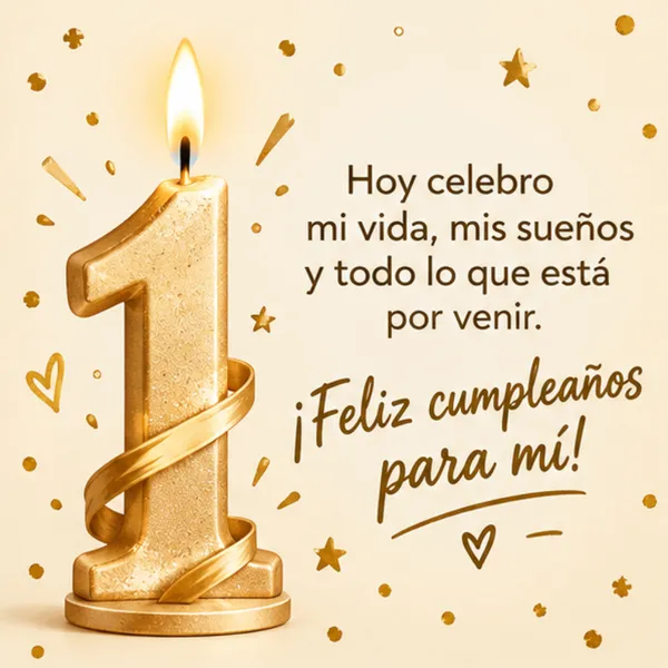 Dedicatoria de cumpleaños para mí mismo con vela dorada y metas