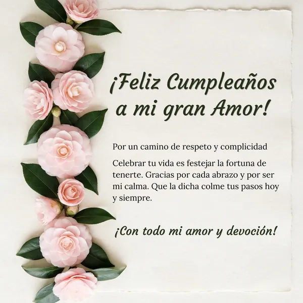 Tarjeta de feliz cumpleaños a mi gran amor con flores y dedicatoria romántica