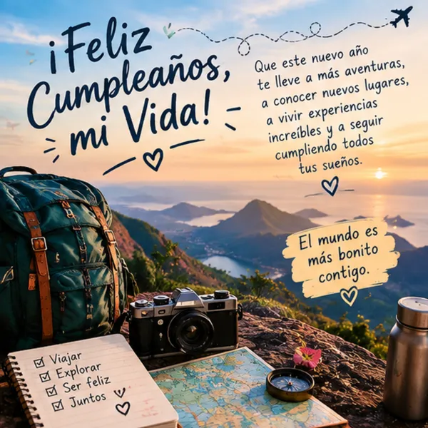 Tarjeta de feliz cumpleaños para mi pareja con mochila viajera, cámara y mapa