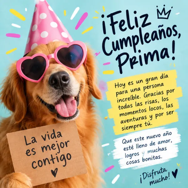 Tarjeta divertida de cumpleaños para mi prima con perrito y gafas