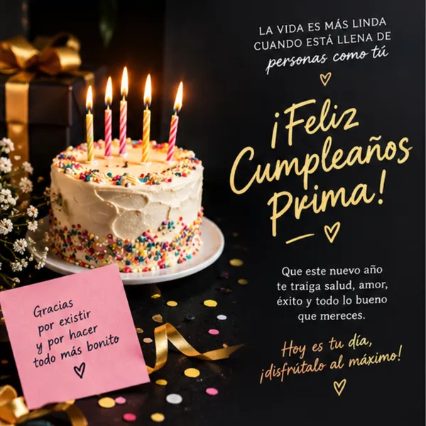 Tarjeta de cumpleaños para mi prima con tarta festiva y velitas