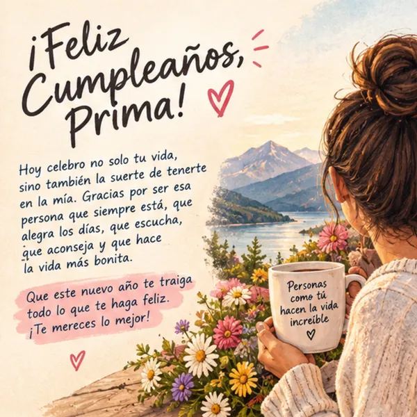 Tarjeta de cumpleaños con taza de café y paisaje de montaña para mi prima