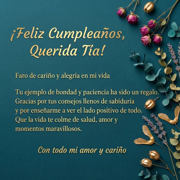 Tarjeta de feliz cumpleaños para mi querida tía con fondo verde azulado y flores secas