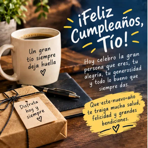 Tarjeta de feliz cumpleaños para mi tío con taza de café, libreta y regalo