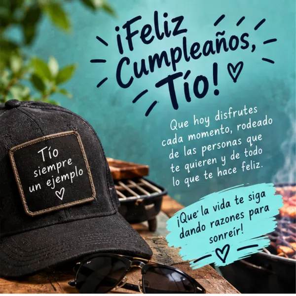Tarjeta de feliz cumpleaños para mi tío con gorra, gafas de sol y parrilla