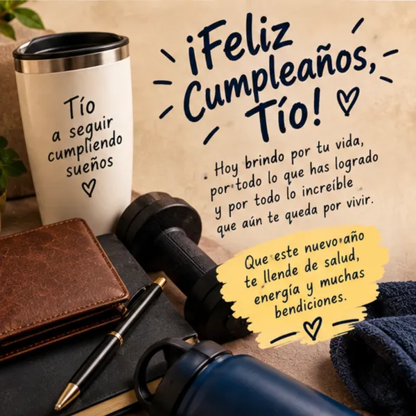 Tarjeta de feliz cumpleaños para mi tío con termo, mancuerna y agenda