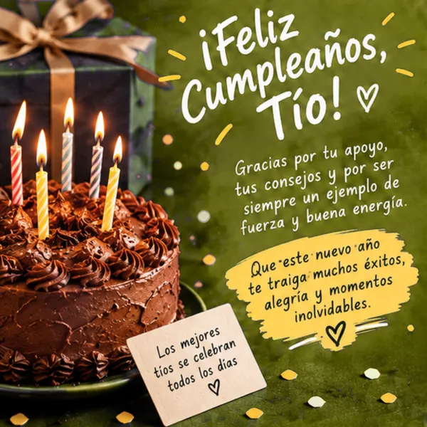 Tarjeta de cumpleaños para mi tío con tarta de chocolate y velas encendidas