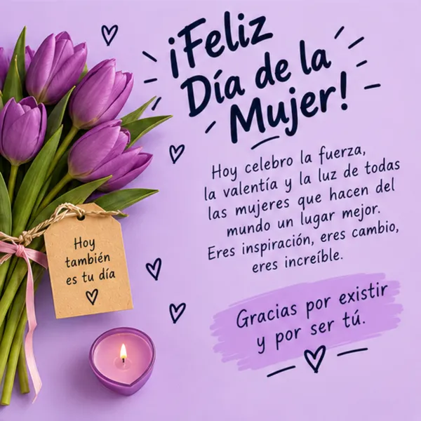 Tarjeta para el Día de la Mujer fuerza valentía e inspiración con tulipanes