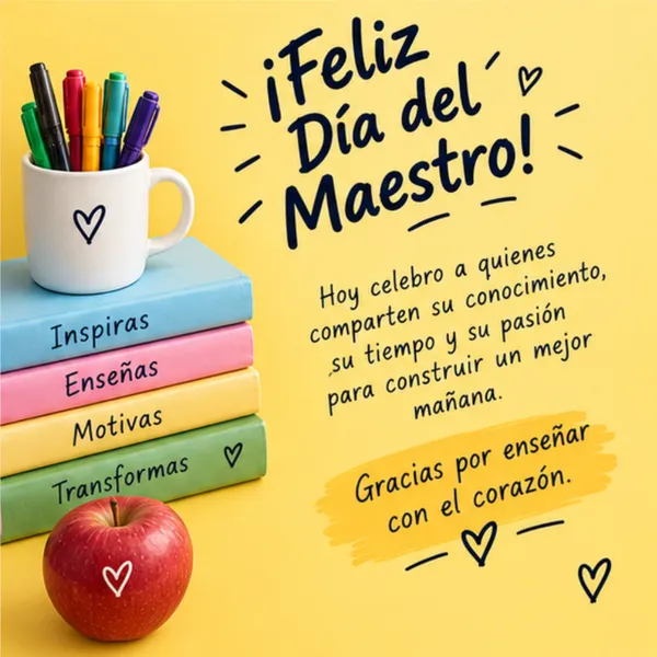 Tarjeta para el Día del Maestro enseñar con el corazón e inspirar con libros y manzana